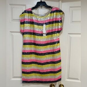 Trina Turk Breene Multicolored Sequin‎ Shift Dress Short Sleeve Size 8